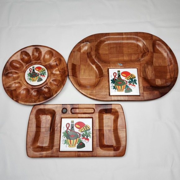 Mid-Century Modern Wood & Tile Serving Trays Plates Set of 3 Italian Decor - Picture 1 of 8